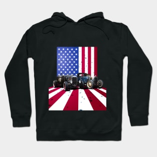 Vintage Model A Hot Rods in front of American Flag Hoodie